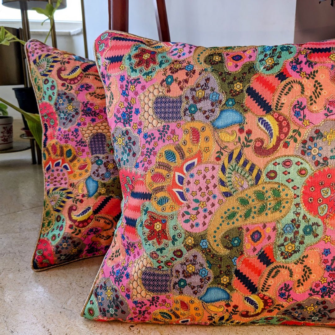 Paisley Pop Cushion Cover, Pack of 2, 16" x 16" - Coral Slub -